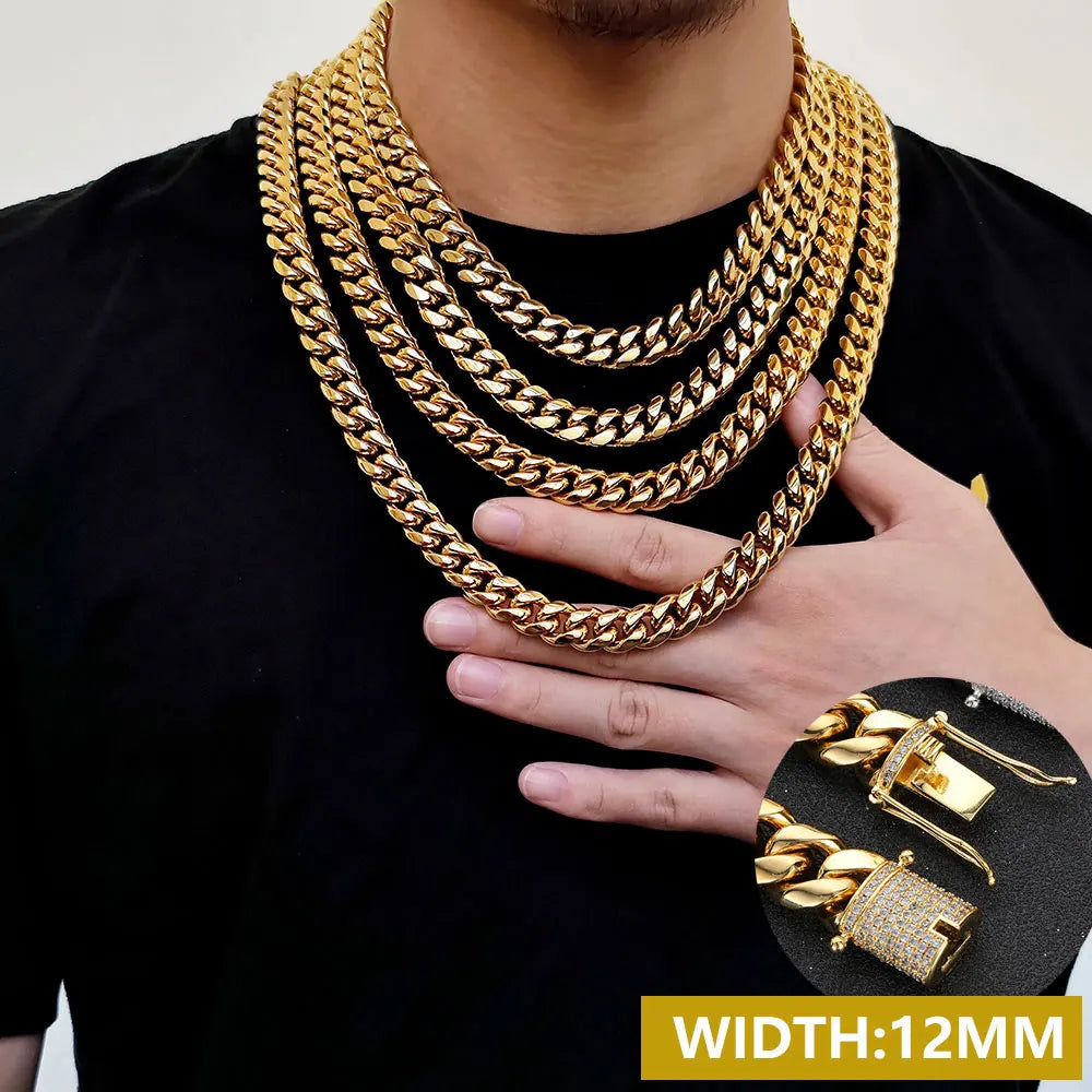 6-16mm Iced Clasp Cuban Link Chain Miami Stainless Steel Necklace Gold Color