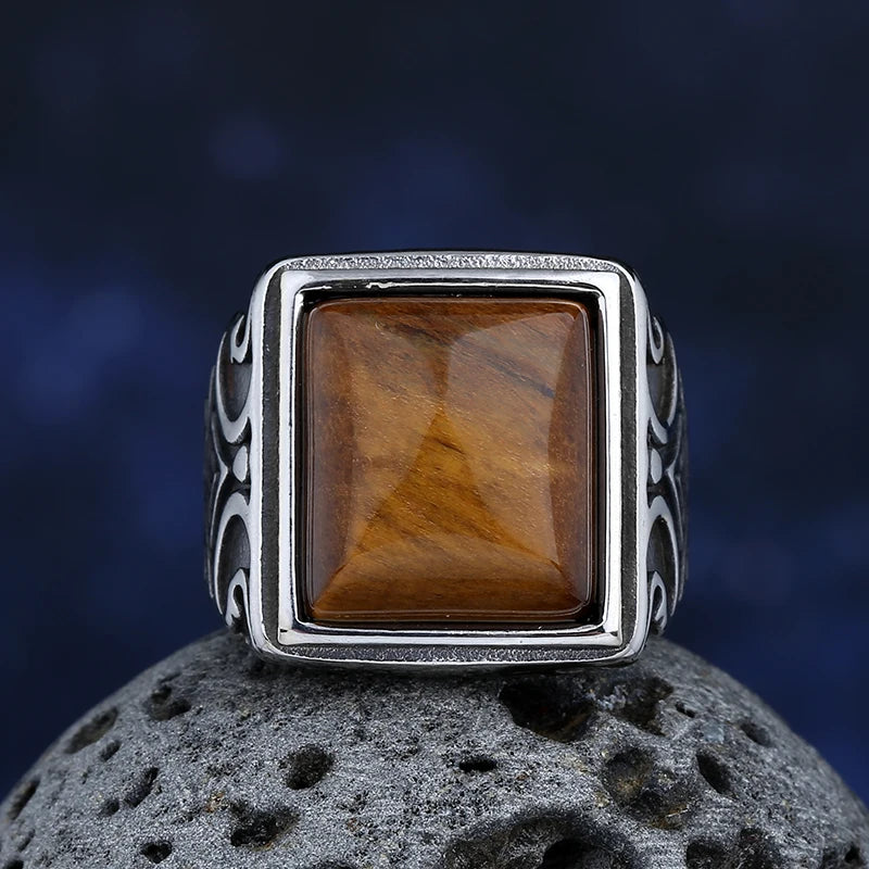 Stainless Steel Tiger Eye Stone Ring With Pattern Anels
