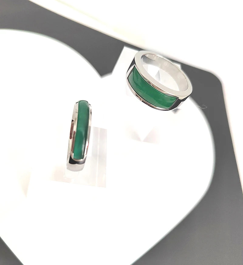 Classic Silver Color Stainless Steel Rings for Women Men Channel Setting Green Opal Simple Wedding Bands Engagement Jewelry