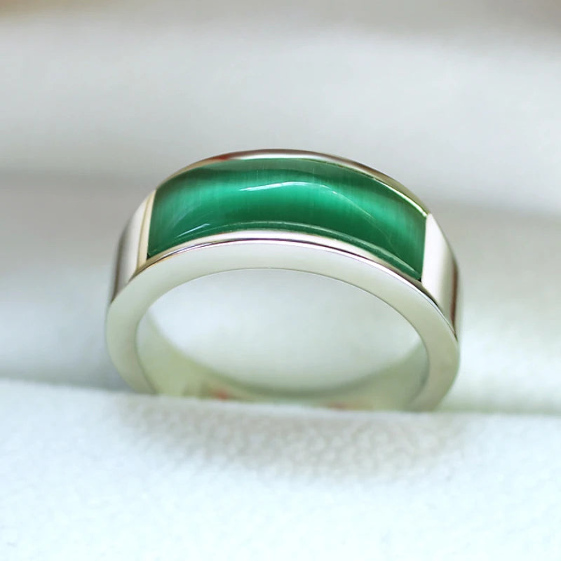 Classic Silver Color Stainless Steel Rings for Women Men Channel Setting Green Opal Simple Wedding Bands Engagement Jewelry