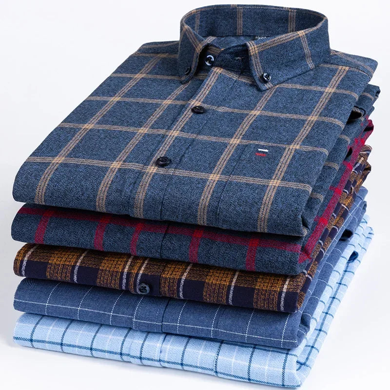 Pure Cotton Men's Plaid Shirt Long Sleeve Regular Fit Men