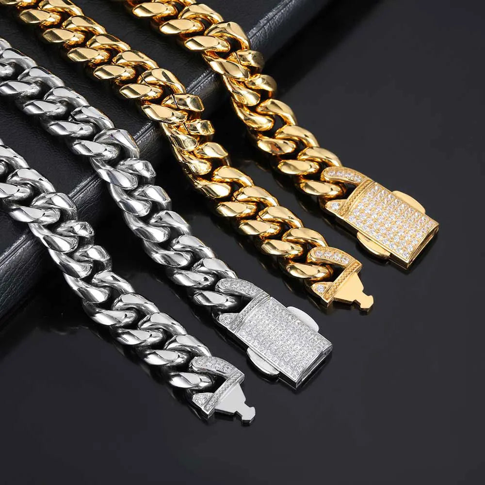 12mm Stainless Steel Homme Cadena Miami Cuban Link Chain Men Rapper Rock Necklace
