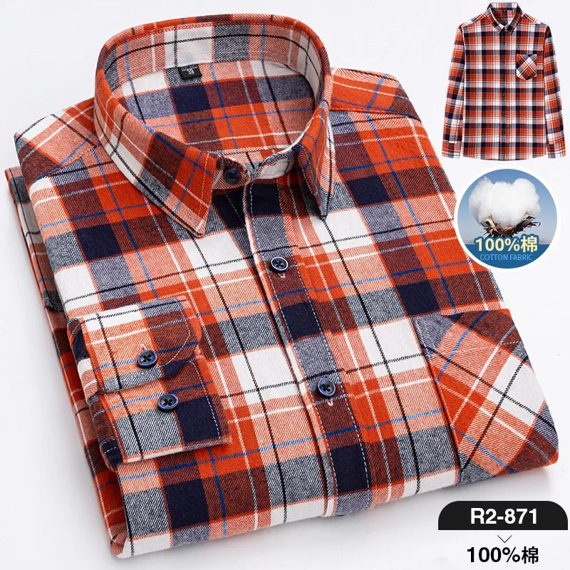 Pure Cotton Men's Plaid Shirt Long Sleeve Regular Fit Men