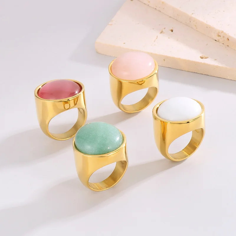 Colorful Glass Shell Pearl Large Rings for Women Men Gold Silver Color Stainless Steel