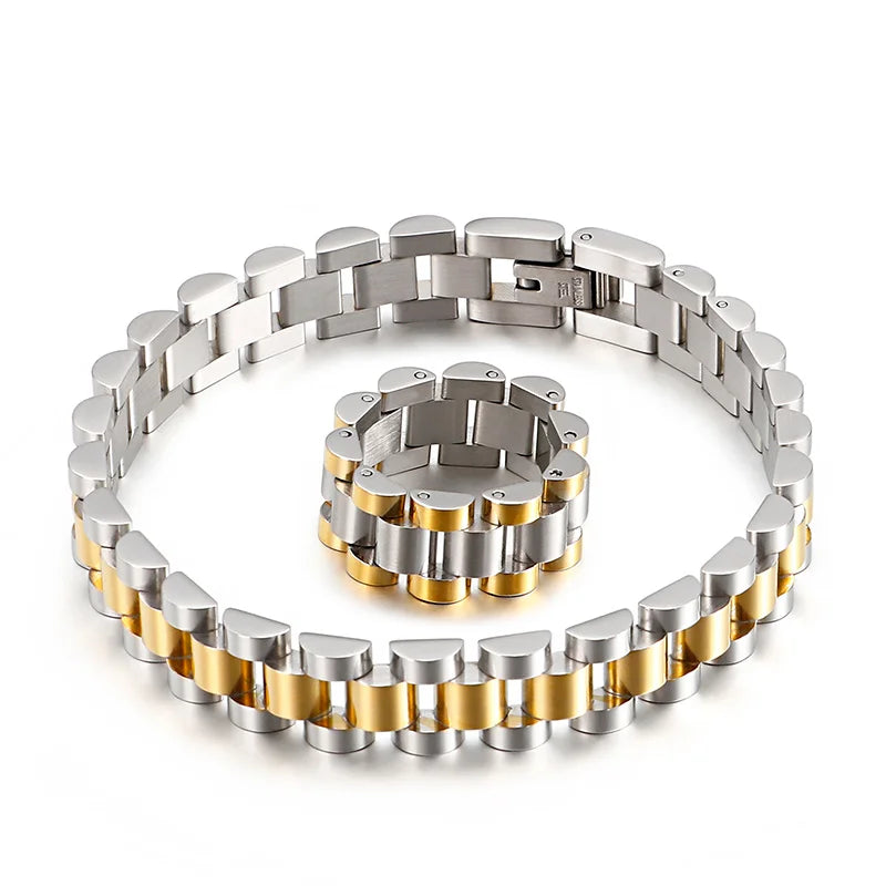 10mm Gold Men Vintage Watch Strap Stainless Steel Bracelet Ring