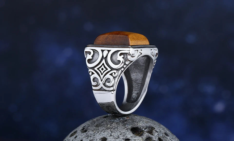 Stainless Steel Tiger Eye Stone Ring With Pattern Anels