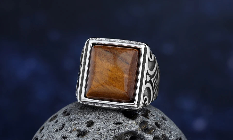 Stainless Steel Tiger Eye Stone Ring With Pattern Anels