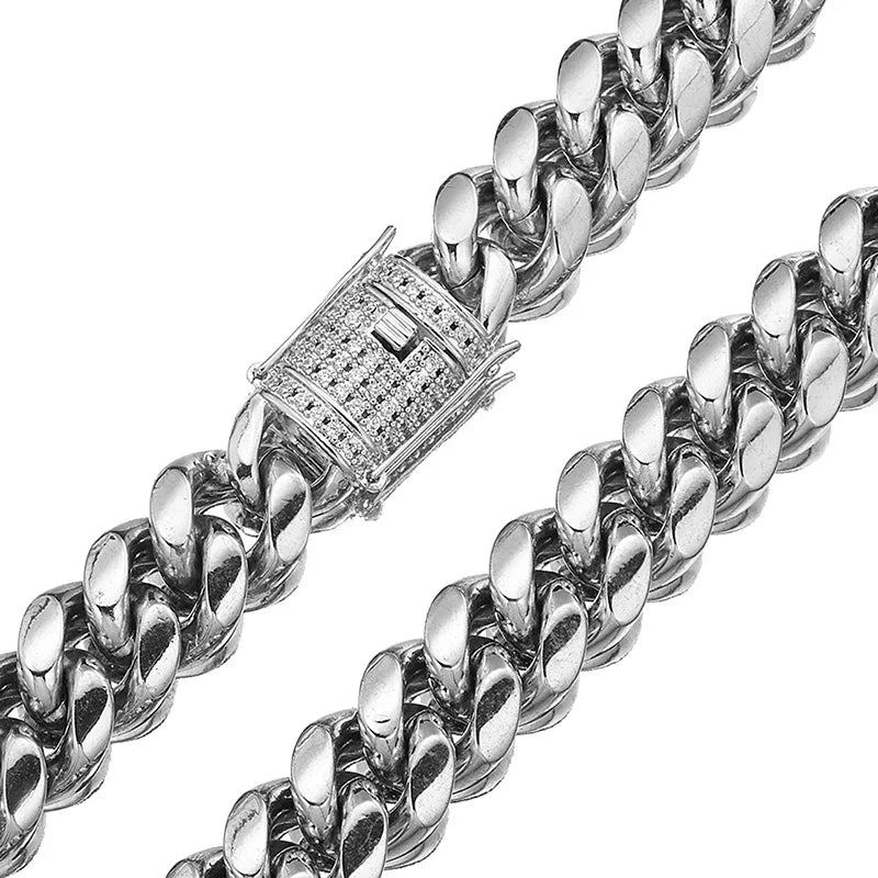Stainless Steel Gold Color Cuban Miami Chains Necklaces CZ Zircon