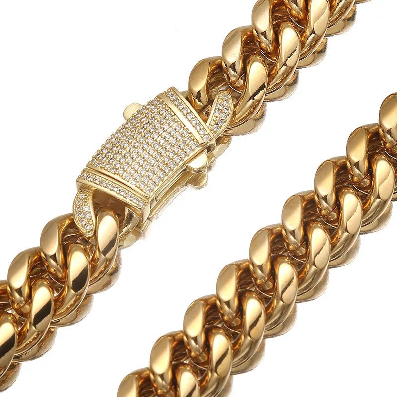 Silver Color Stainless Steel Cuban Miami Chains Necklaces CZ Zircon Lock Link