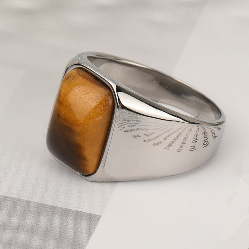 Natural Gemstone Tiger Eye Signet Ring Stainless Steel Waterproof