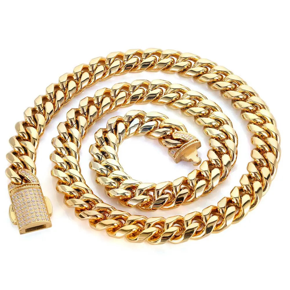 12mm Stainless Steel Homme Cadena Miami Cuban Link Chain Men Rapper Rock Necklace
