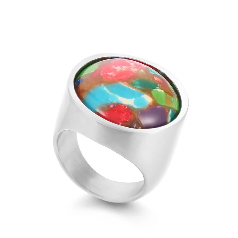 Colorful Glass Shell Pearl Large Rings for Women Men Gold Silver Color Stainless Steel