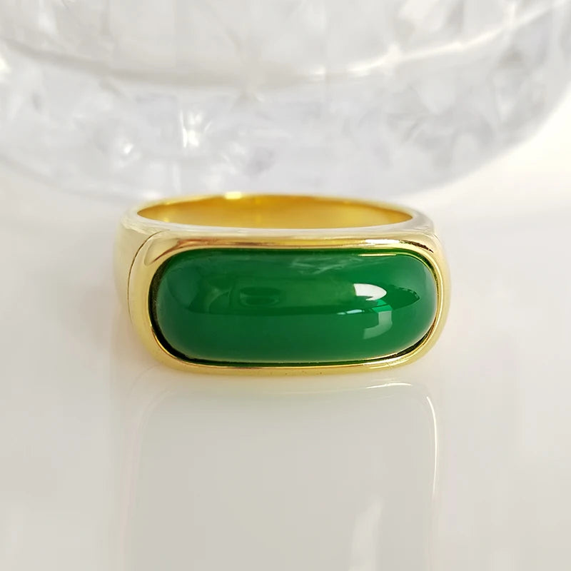 Men's Stainless Steel Ring Inaly Green Jade Smooth Gold Color