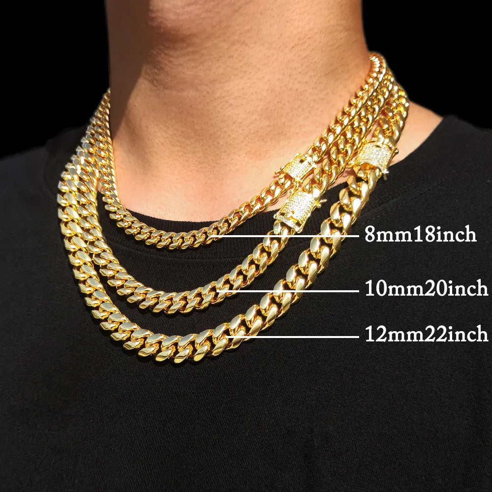 6-16mm Iced Clasp Cuban Link Chain Miami Stainless Steel Necklace Gold Color