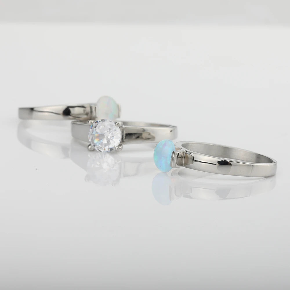 6*6mm Artificial Australian Opal Ring Fine Jewelry Rings for Women Anniversary Gift 316L Stainless Steel
