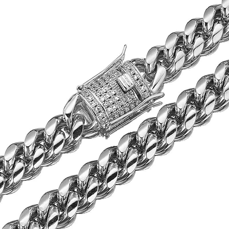 Stainless Steel Silver Color Cuban Miami Chains Necklaces CZ Zircon