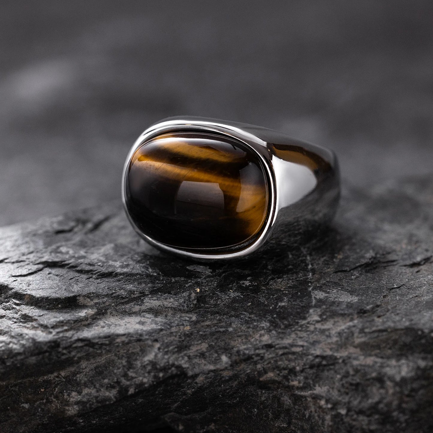 316L Stainless Steel Ring with Natural Tiger's Eye - Simple Round Style, Unisex Ring, Gold Plated, Natural Stone for men women