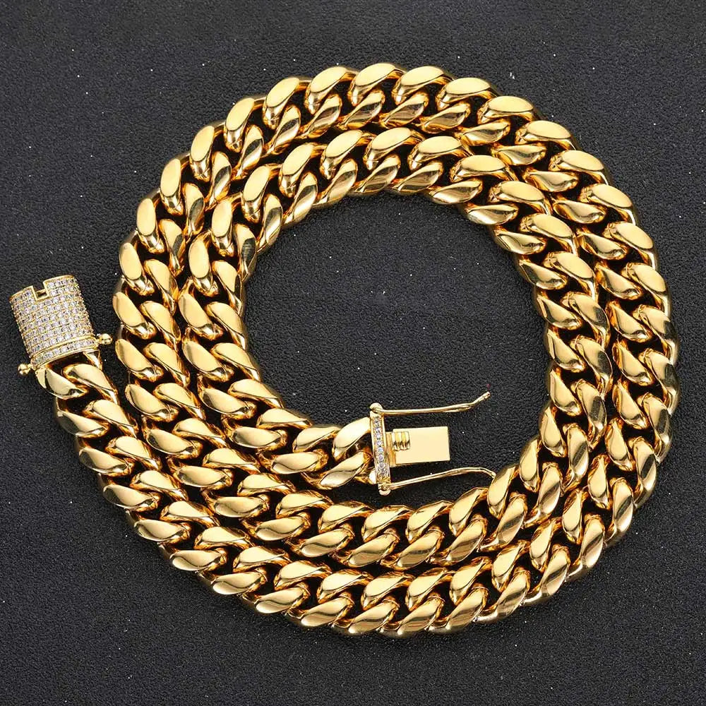 6-16mm Iced Clasp Cuban Link Chain Miami Stainless Steel Necklace Gold Color