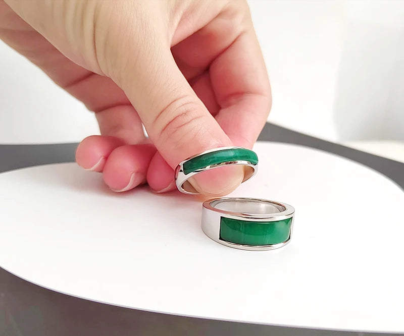 Classic Silver Color Stainless Steel Rings for Women Men Channel Setting Green Opal Simple Wedding Bands Engagement Jewelry