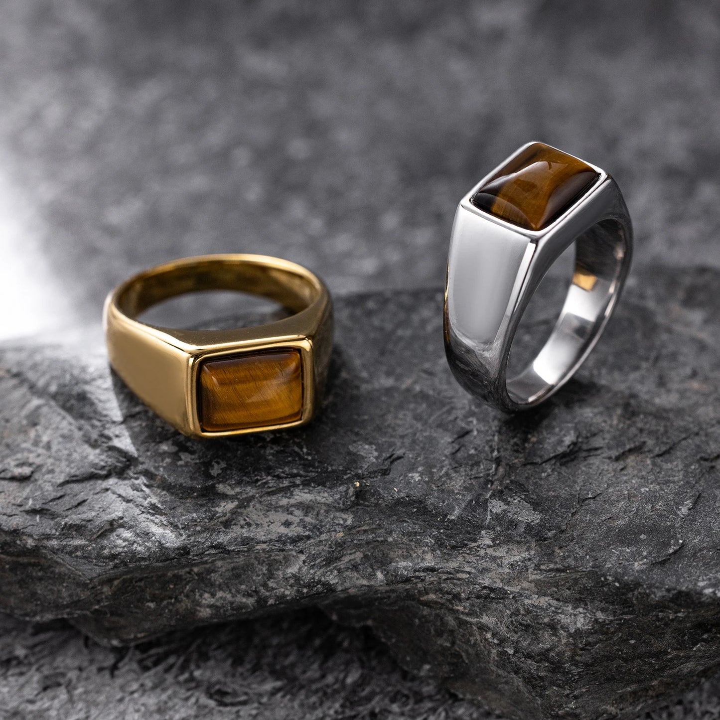 316L Stainless Steel Ring with Natural Tiger's Eye - Simple Retro Style, Single Ring, Gold Plated, Natural Stone for men women