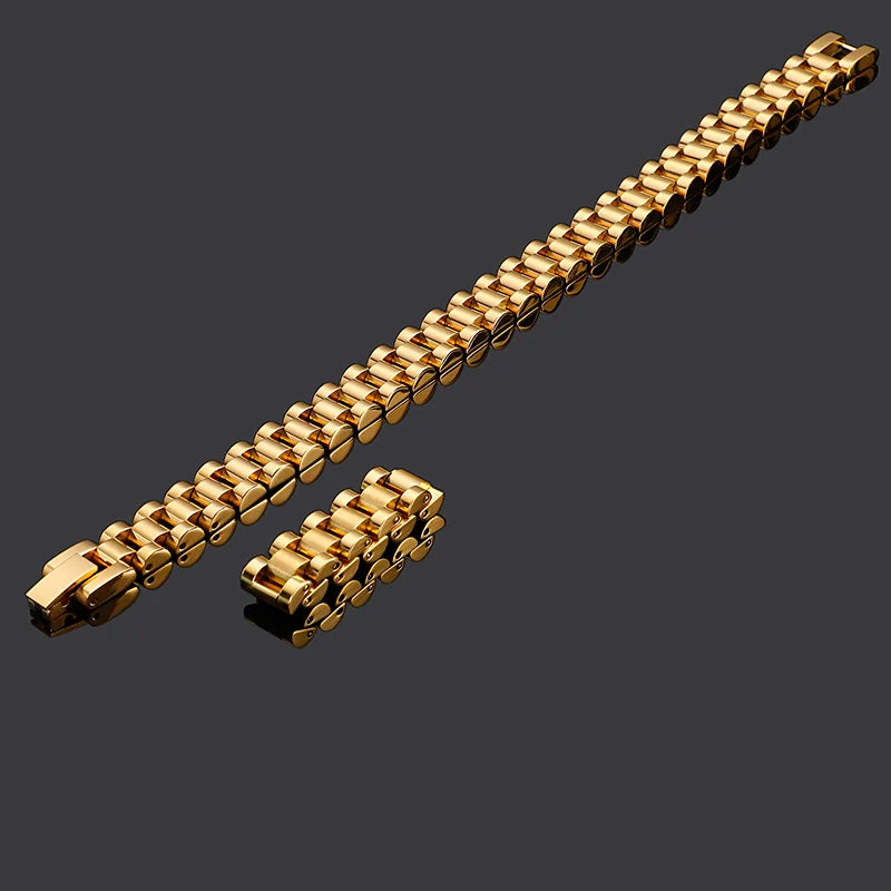 10mm Gold Men Vintage Watch Strap Stainless Steel Bracelet Ring