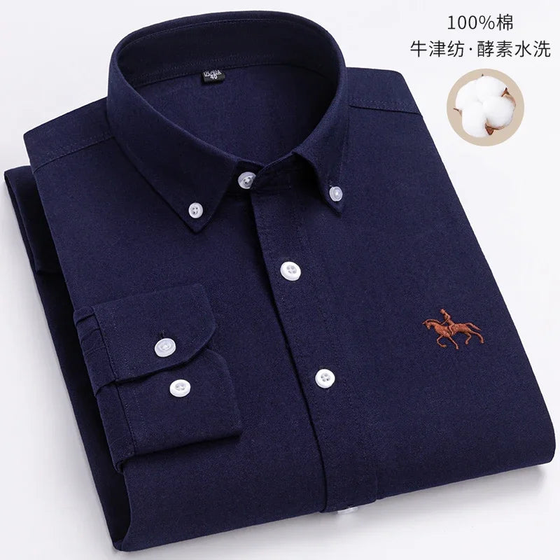 Embroidered Horse Shirts Streetwear Oversized Men Shirt Long Sleeve