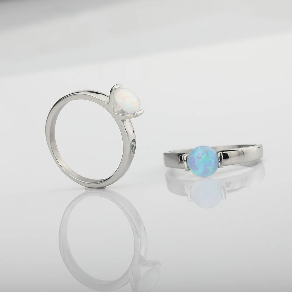 6*6mm Artificial Australian Opal Ring Fine Jewelry Rings for Women Anniversary Gift 316L Stainless Steel