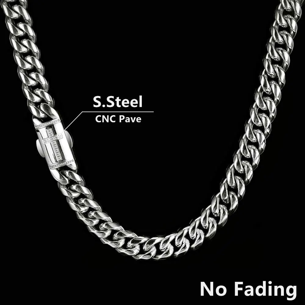 12mm Stainless Steel Homme Cadena Miami Cuban Link Chain Men Rapper Rock Necklace