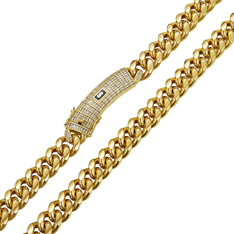 6-14mm Gold Color Stainless Steel Cuban Miami Chains Necklaces CZ Zircon