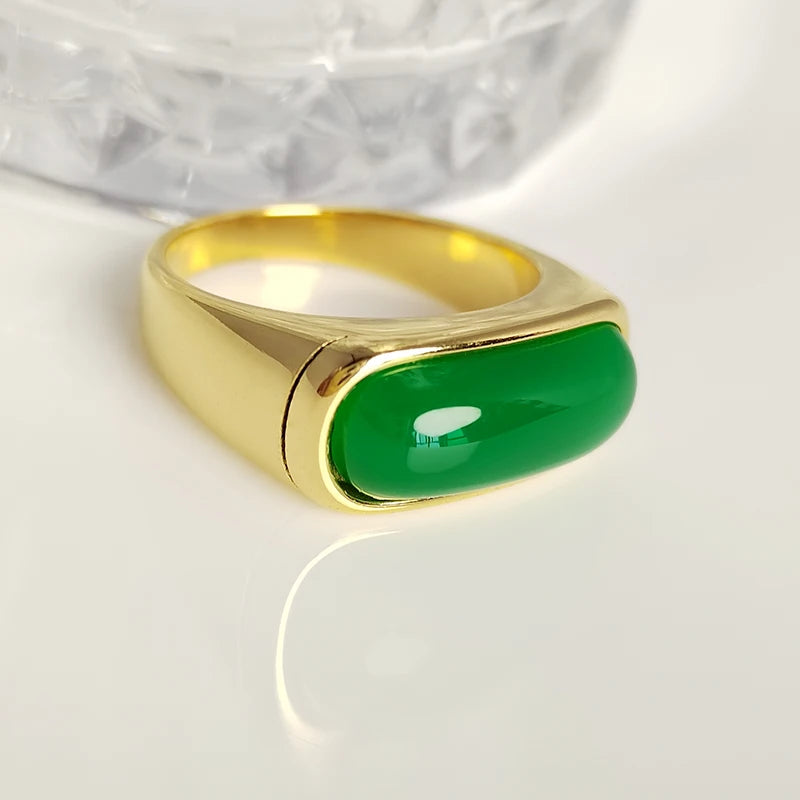 Men's Stainless Steel Ring Inaly Green Jade Smooth Gold Color