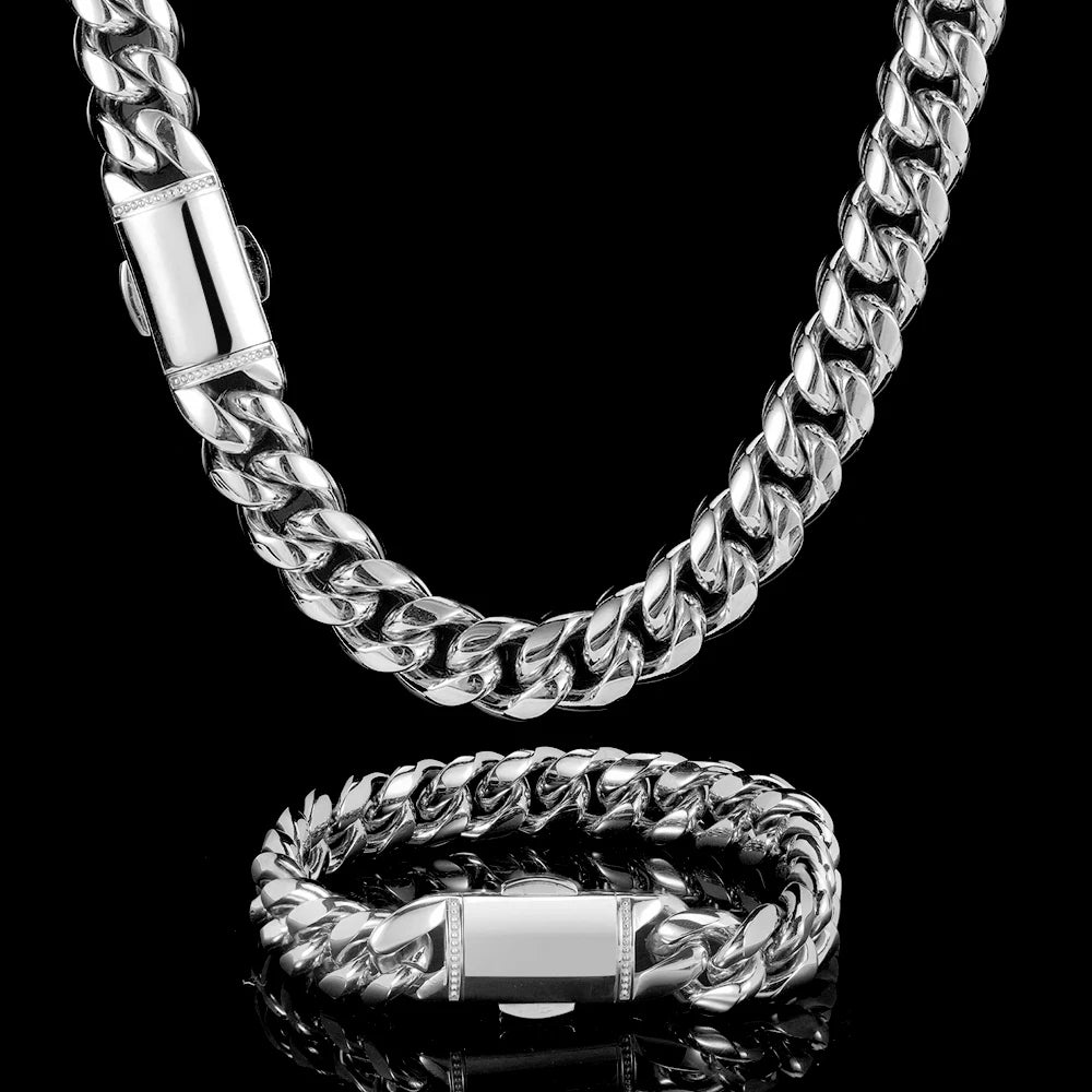 12mm Stainless Steel Homme Cadena Miami Cuban Link Chain Men Rapper Rock Necklace