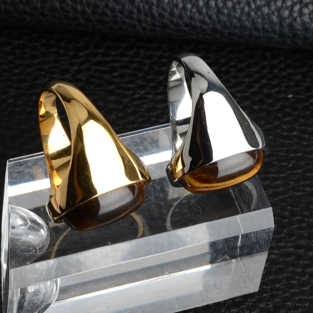 Oval Natural Tiger Eye Stone Rings for Women Men Stainless Steel