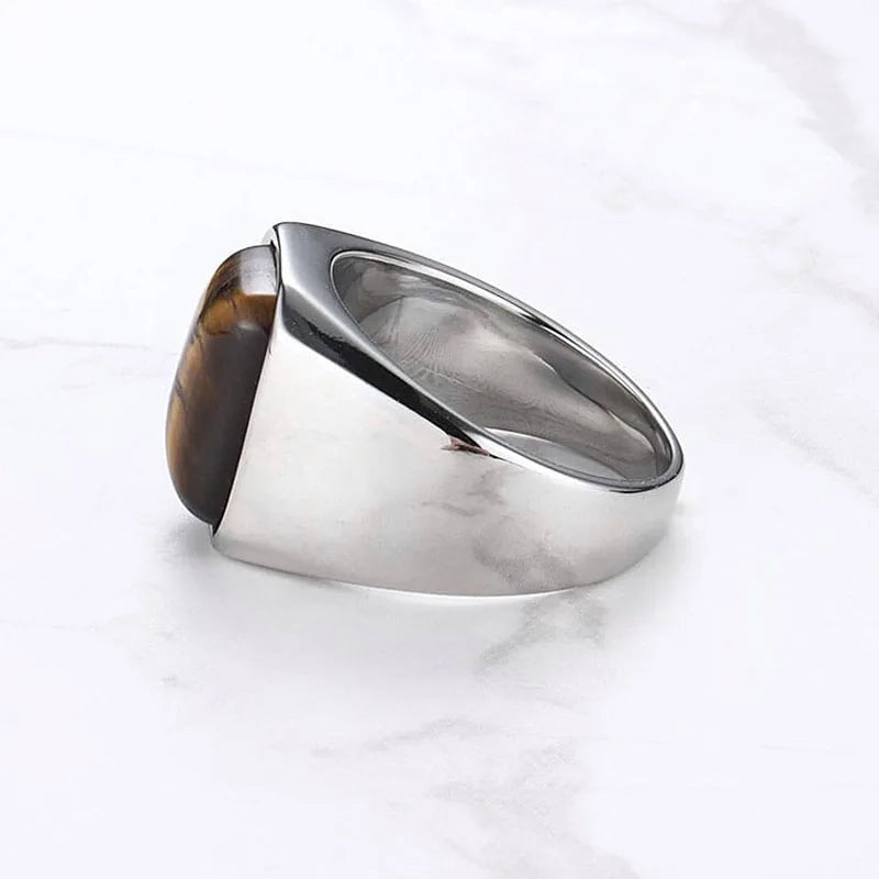 Natural Gemstone Tiger Eye Signet Ring Stainless Steel Waterproof