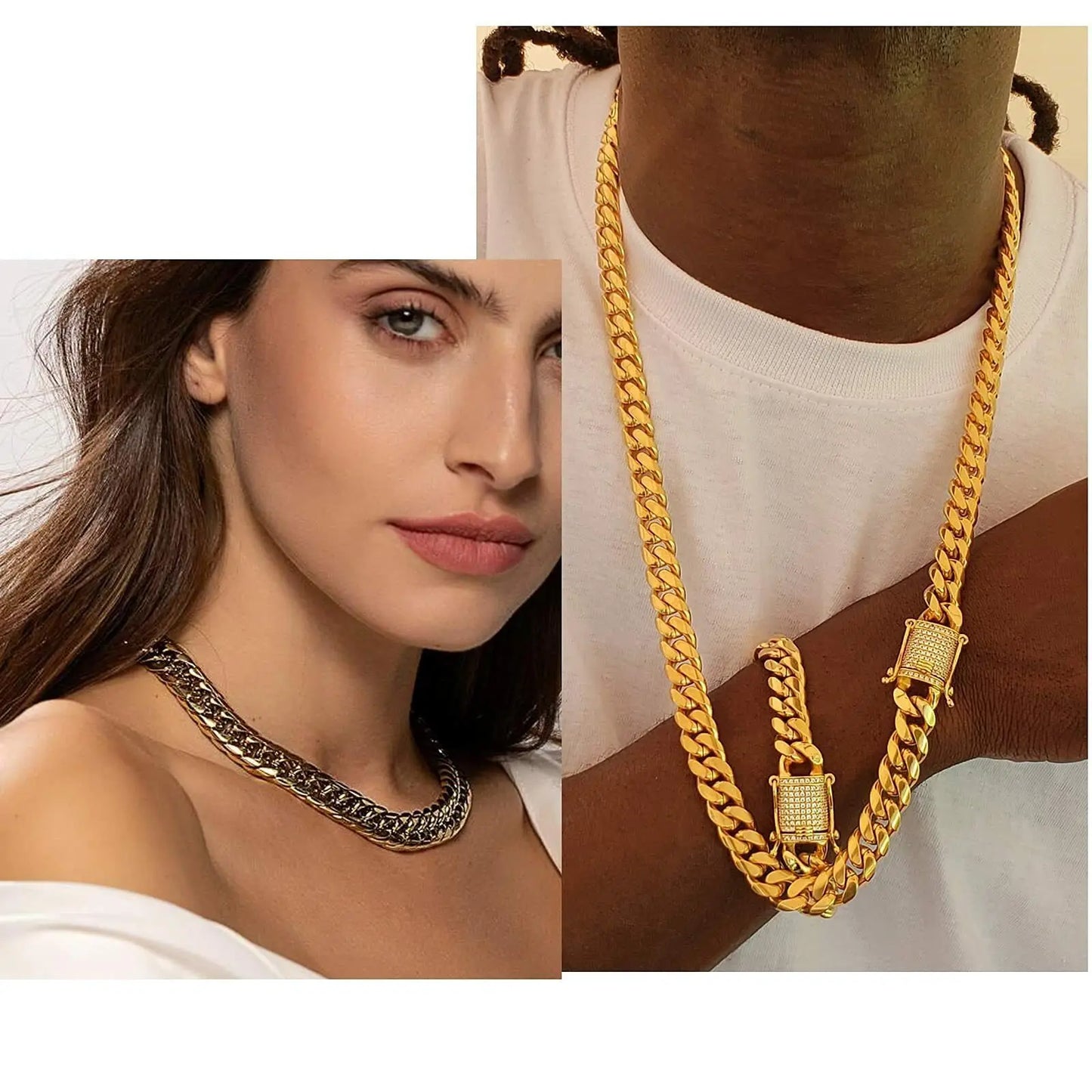 Necklace Gold Color 8mm-18mm Stainless Steel Miami Curb Cuban Chain for Women Men