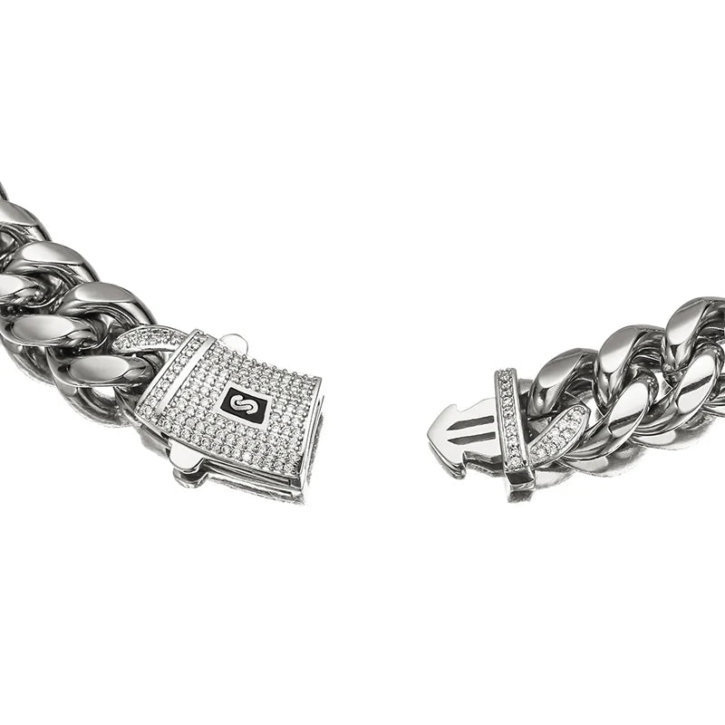 Silver Color Stainless Steel Cuban Miami Chains Necklaces CZ Zircon Lock Link