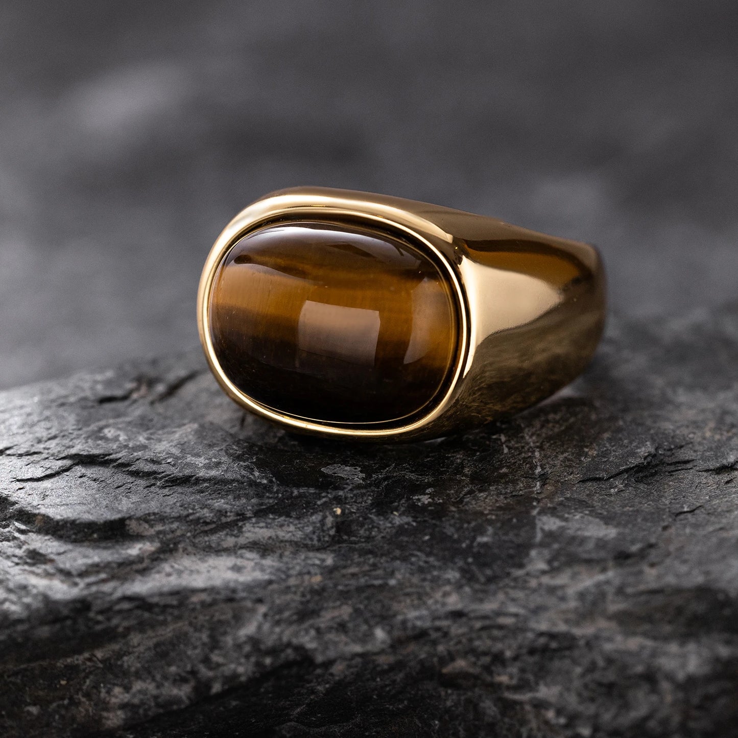 316L Stainless Steel Ring with Natural Tiger's Eye - Simple Round Style, Unisex Ring, Gold Plated, Natural Stone for men women