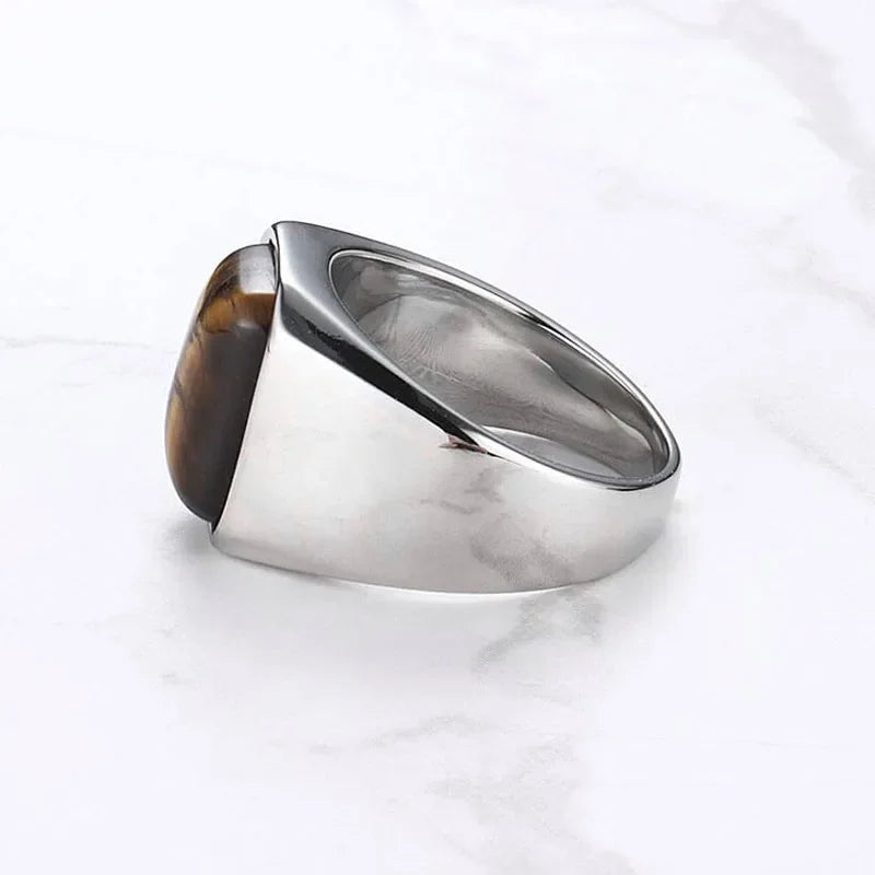Natural Gemstone Tiger Eye Signet Ring Stainless Steel Waterproof