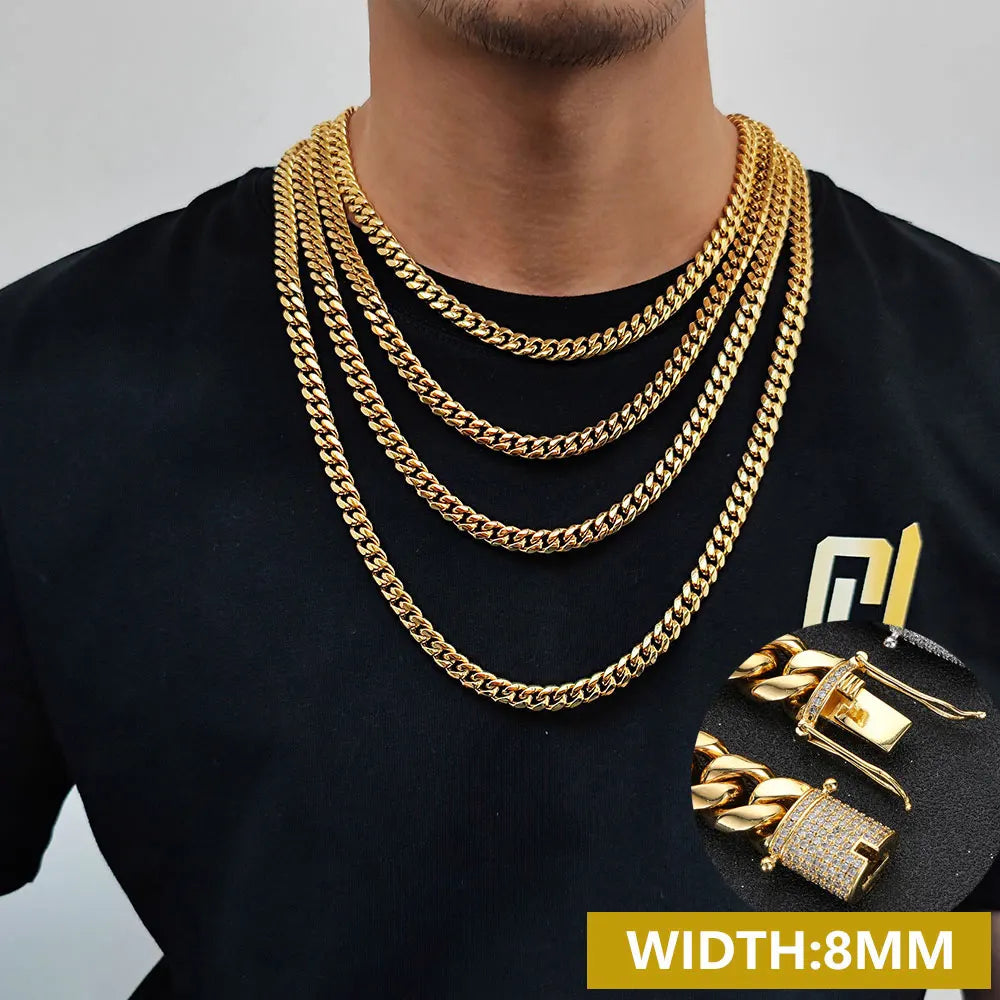 6-16mm Iced Clasp Cuban Link Chain Miami Stainless Steel Necklace Gold Color