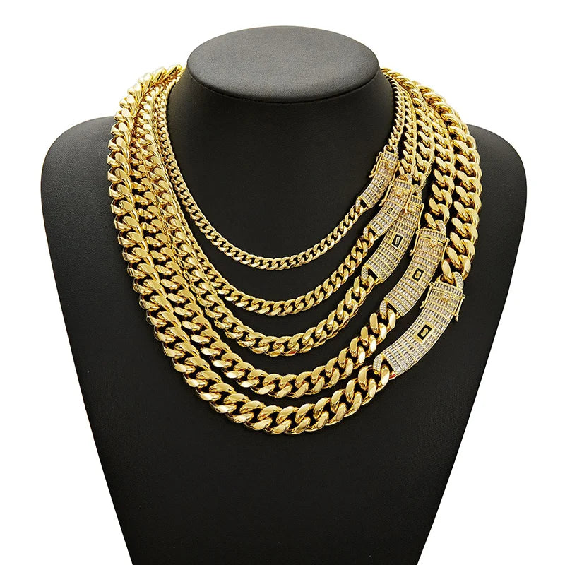 6-14mm Silver Color Stainless Steel Cuban Miami Chains Necklaces Bracelet CZ Zircon
