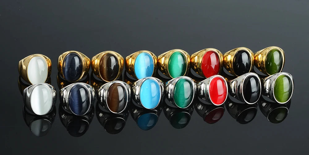 Stainless Steel RING FOR MEN WOMAN With White Oval Cat's Eye Opal Silver Color Exaggerated Decorate Fashion Jewelry