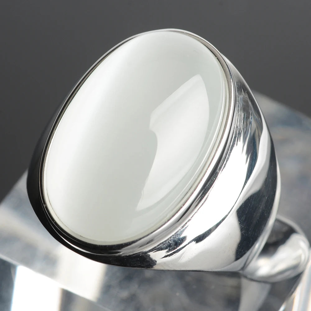Stainless Steel RING FOR MEN WOMAN With White Oval Cat's Eye Opal Silver Color Exaggerated Decorate Fashion Jewelry