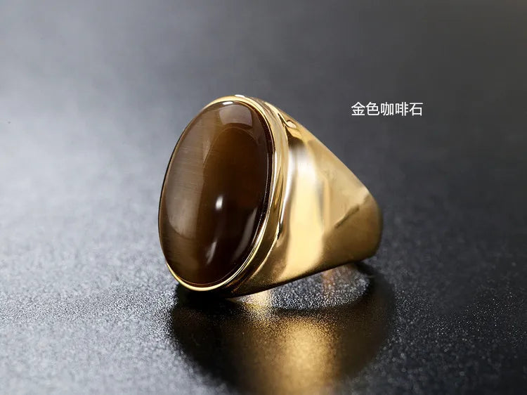 Stainless Steel RING FOR MEN WOMAN With White Oval Cat's Eye Opal Silver Color Exaggerated Decorate Fashion Jewelry