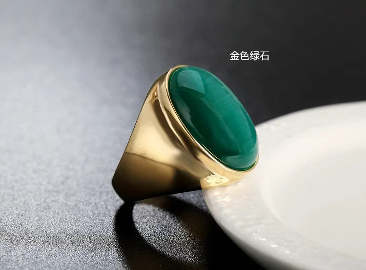 Stainless Steel RING FOR MEN WOMAN With White Oval Cat's Eye Opal Silver Color Exaggerated Decorate Fashion Jewelry