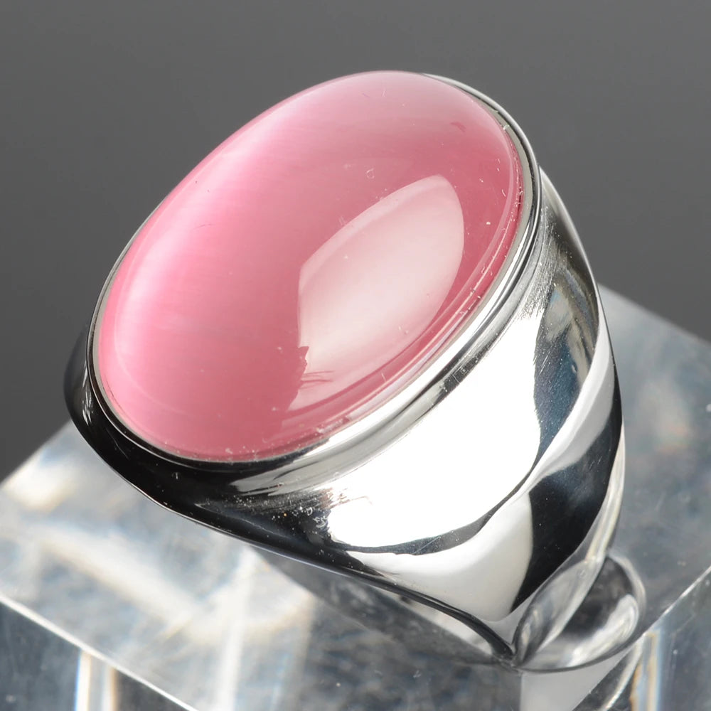 Stainless Steel RING FOR MEN WOMAN With White Oval Cat's Eye Opal Silver Color Exaggerated Decorate Fashion Jewelry