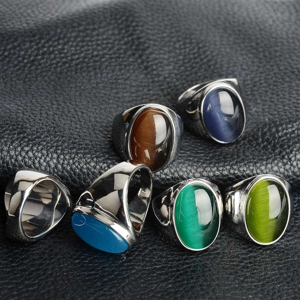 Stainless Steel RING FOR MEN WOMAN With White Oval Cat's Eye Opal Silver Color Exaggerated Decorate Fashion Jewelry