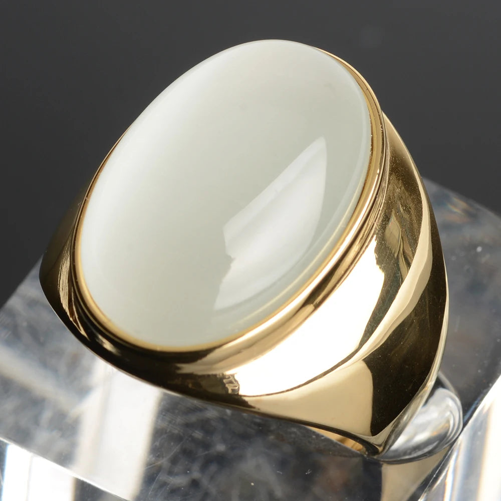 Stainless Steel RING FOR MEN WOMAN With White Oval Cat's Eye Opal Silver Color Exaggerated Decorate Fashion Jewelry