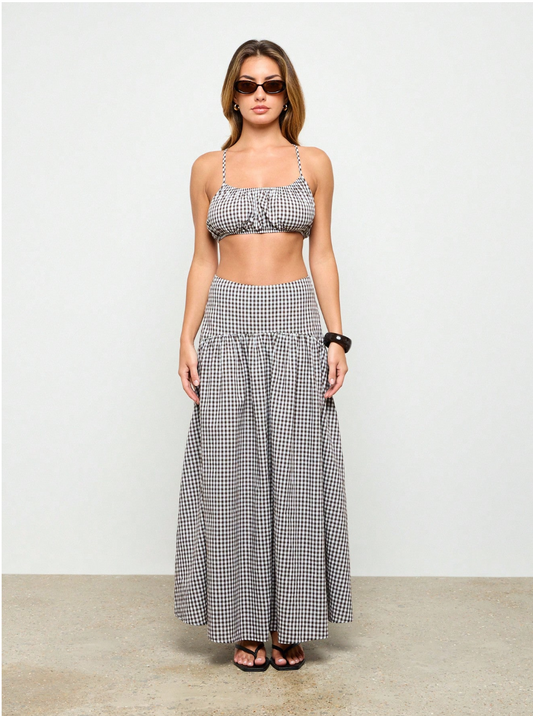 Gingham Crop Top And Volume Maxi Skirt Set