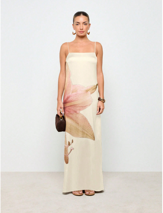Elegant Floral Satin Maxi Dress Empire Waist Cami Strap Evening Gown Summer Wedding Guest Special Occasion Floor Length,Boho Clothes Women