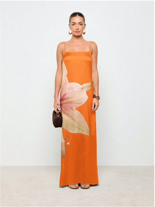 Elegant Floral Satin Maxi Dress With Spaghetti Straps Evening Garden Party Wedding Guest Floor Length Slip Dress