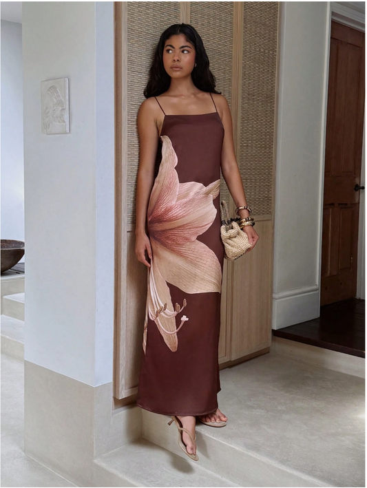 Elegant Floral Satin Maxi Dress With Spaghetti Straps Evening Garden Party Wedding Guest Floor Length Slip Dress